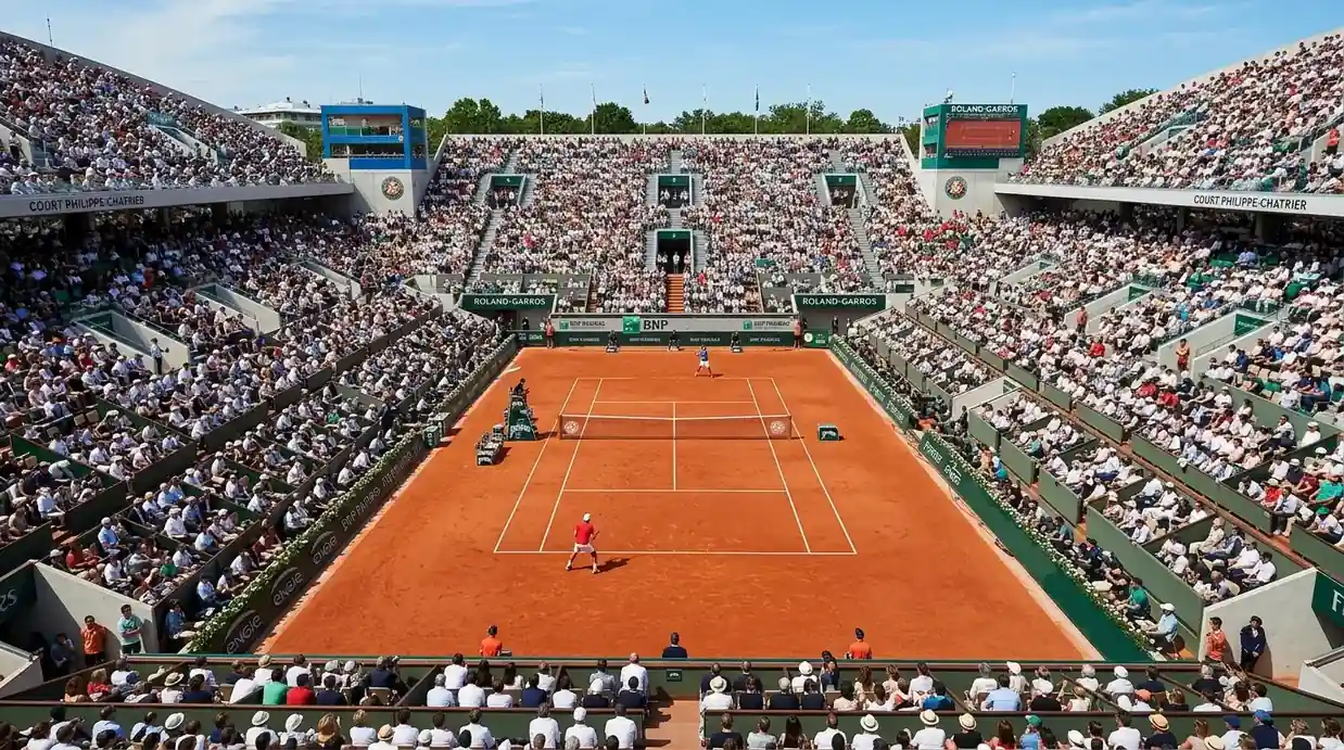 Roland Garros Sandplatz-Court mit charakteristischem roten Belag und gefüllten Tribünen