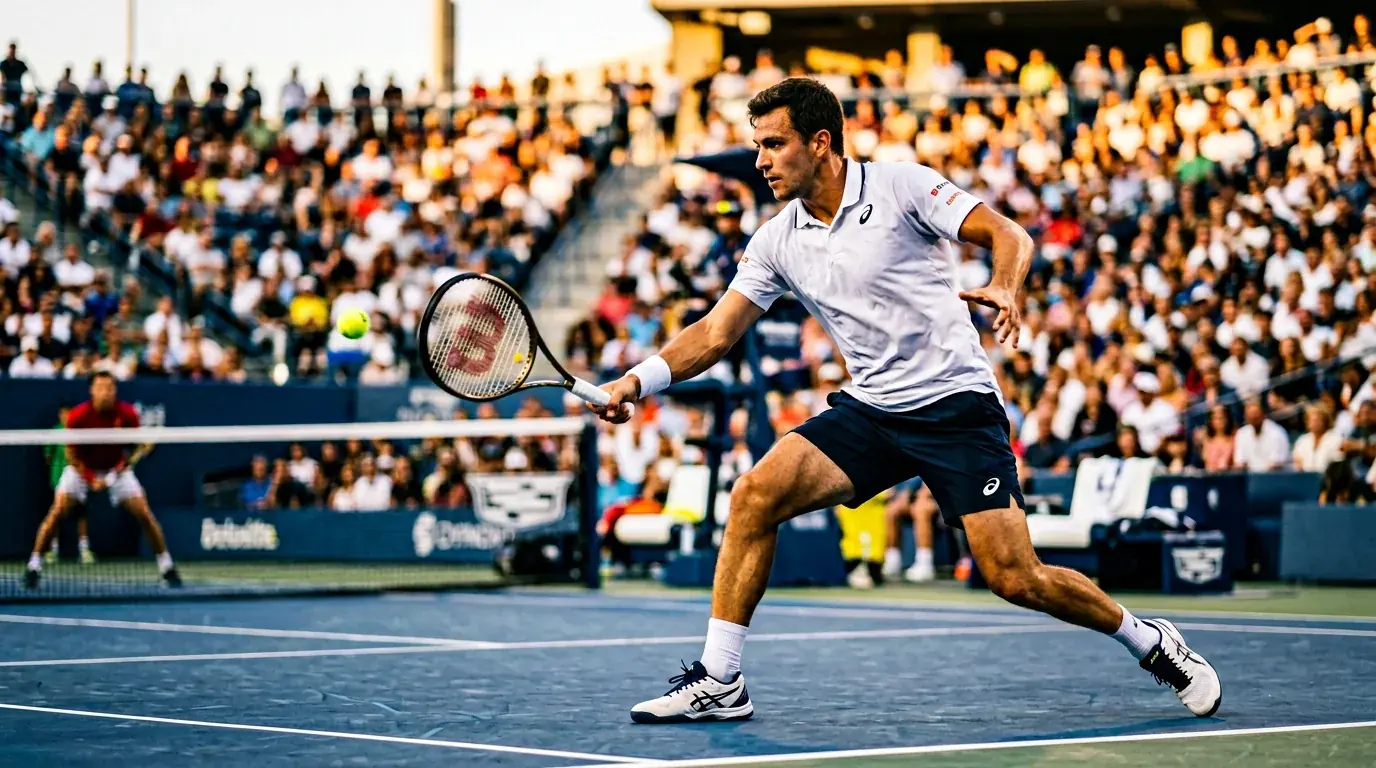 Tennisspieler schlägt Return auf Hartplatz während Live-Wetten Aktion