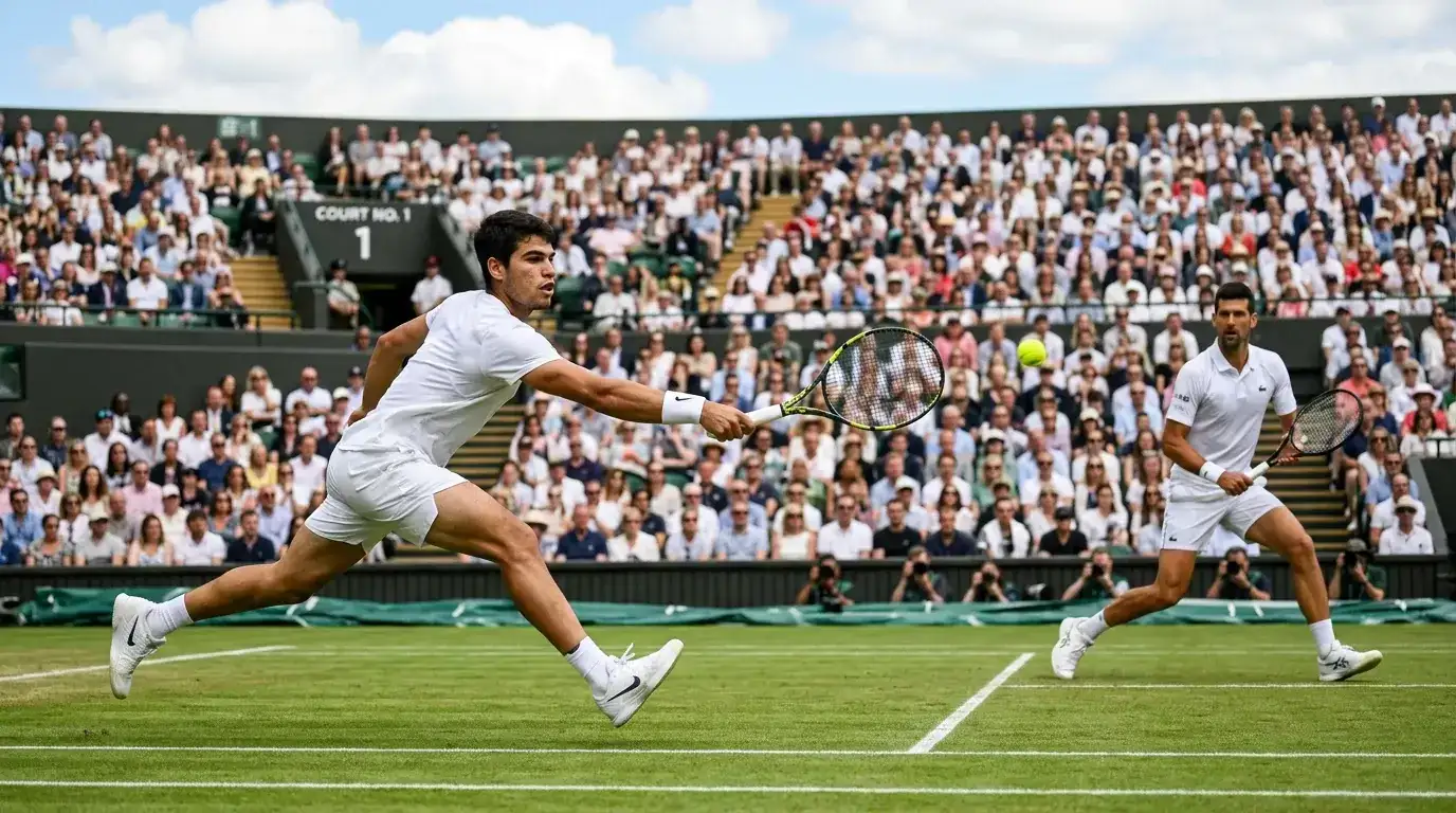 Tennismatch auf Rasenplatz mit Zuschauern während eines spannenden Ballwechsels
