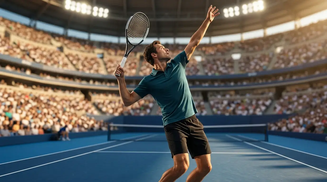 Tennisspieler beim Aufschlag auf einem professionellen Tennisplatz während eines ATP-Turniers