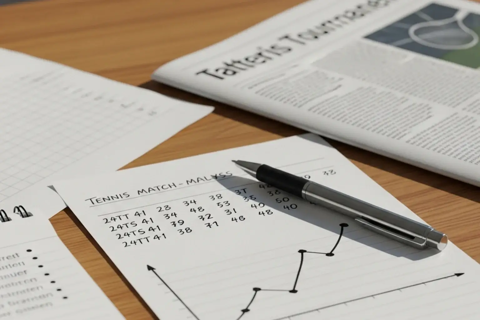 Handgeschriebene Notizen mit Tennisstatistiken und einer einfachen Liniengrafik auf einem Schreibtisch