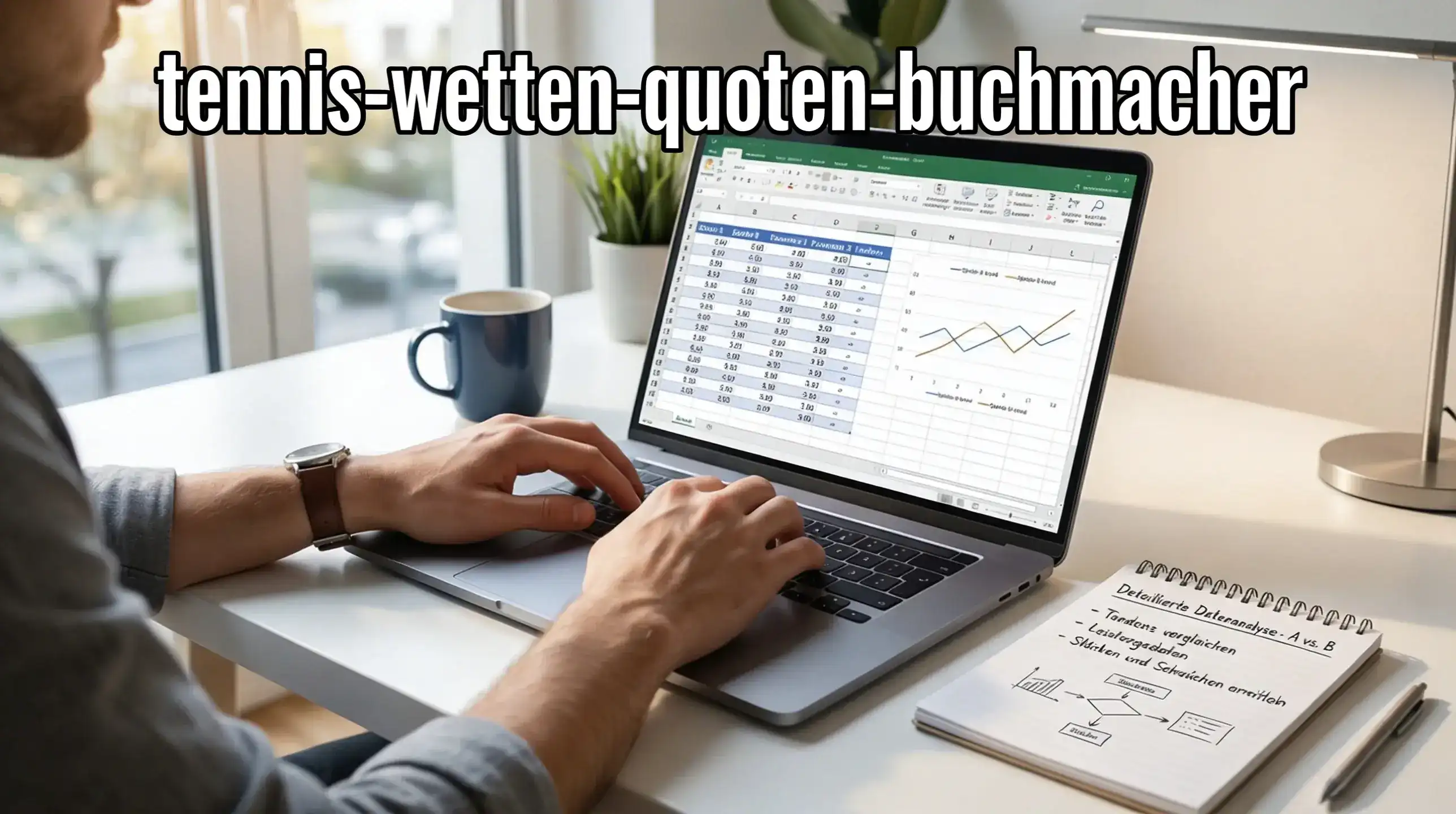Person analysiert Tennisstatistiken und Wettquoten auf einem Laptop mit Notizen